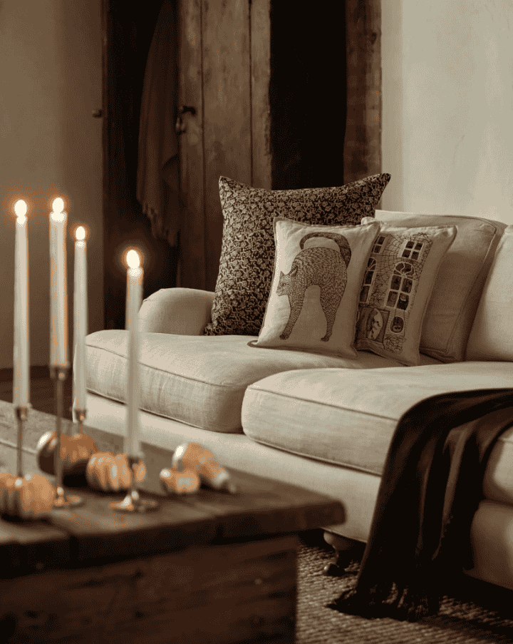 Cozy living room featuring a couch adorned with Halloween throw pillows, a coffee table, and flickering candles for ambiance.