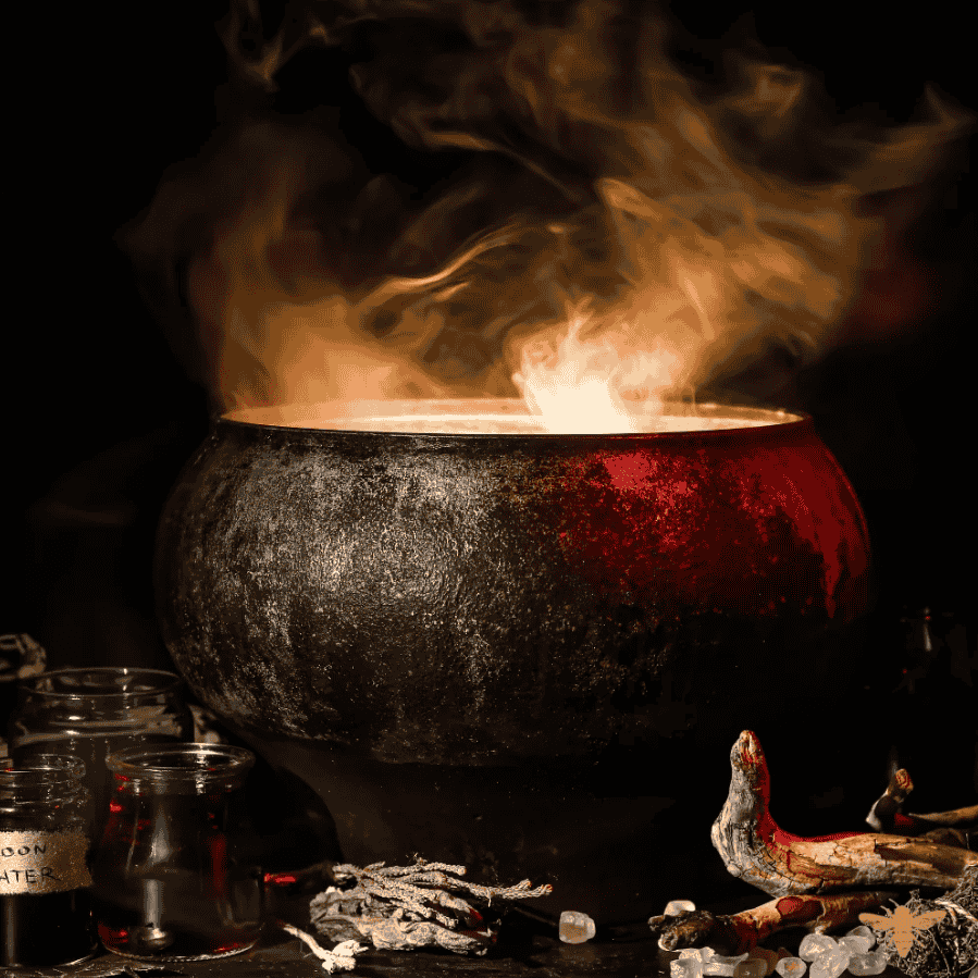 A cauldron simmers with boiling liquid, accompanied by assorted mystical items, evoking a sense of magic and wonder.